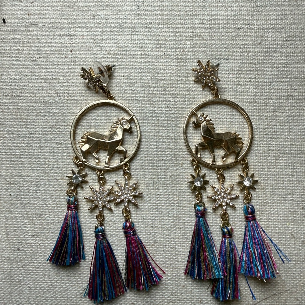 Gold Unicorn Tassel Earrings with Star Accents
